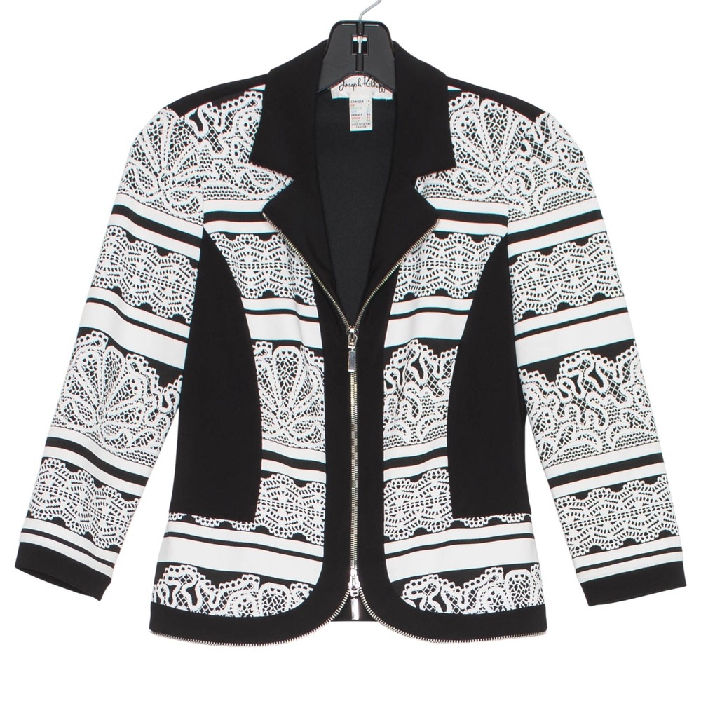 Vintage Joseph Ribkoff 3/4 Sleeve Jacket Lace Print Zip Statement Black White 4